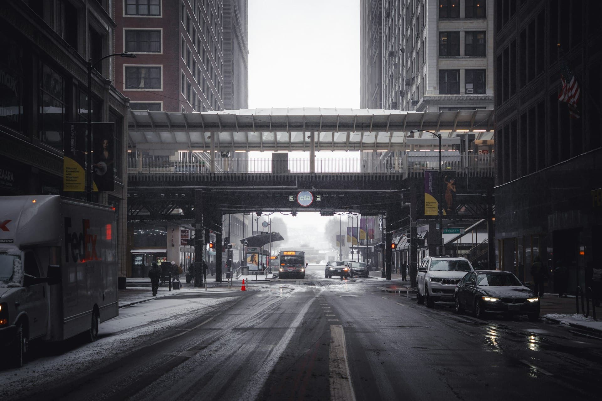 Chicago street scene during winter snowfall showing harsh Midwest weather conditions
