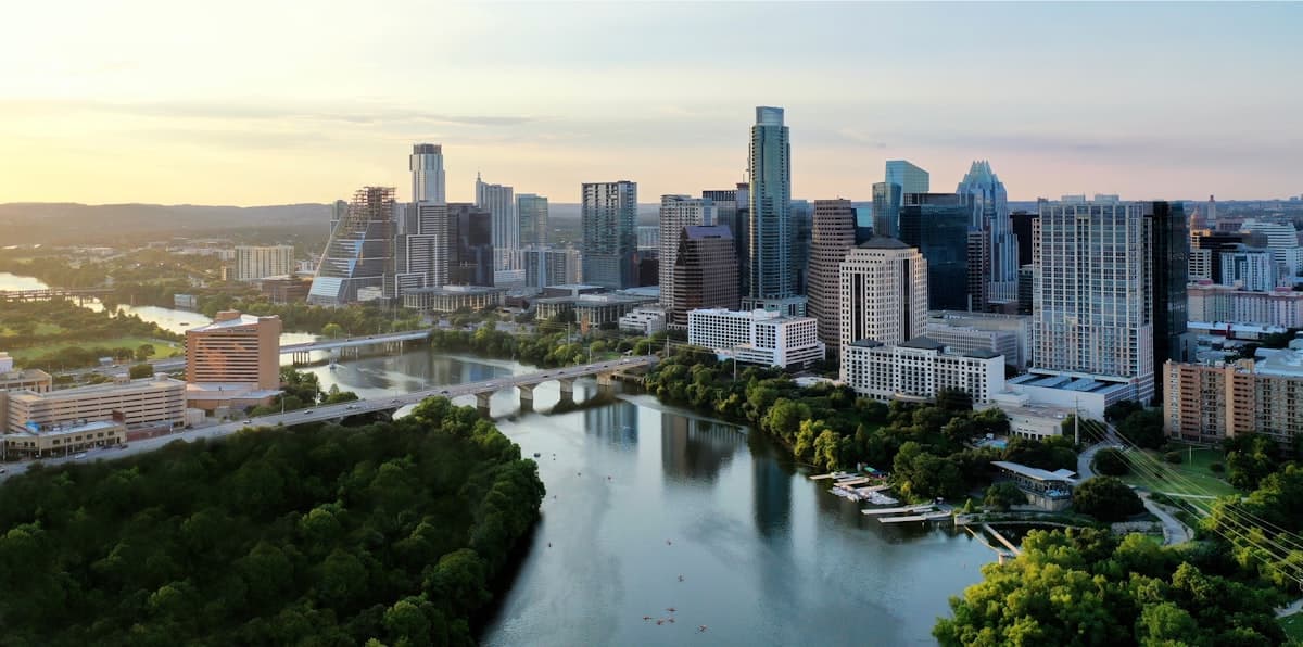 Aerial panoramic view of Austin Texas with Colorado River and downtown