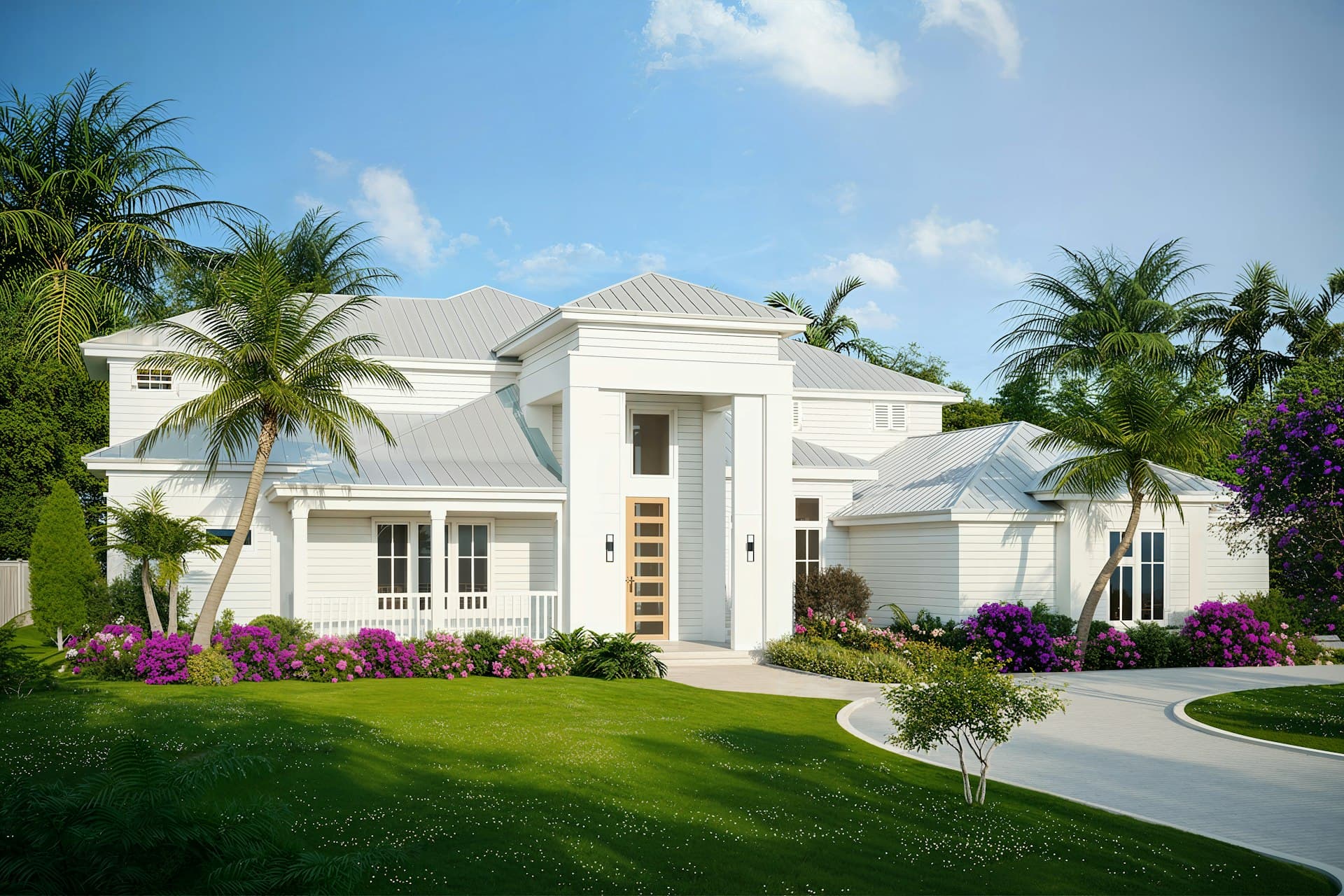 Coastal-style white home with metal roof and tropical landscaping in Southwest Florida