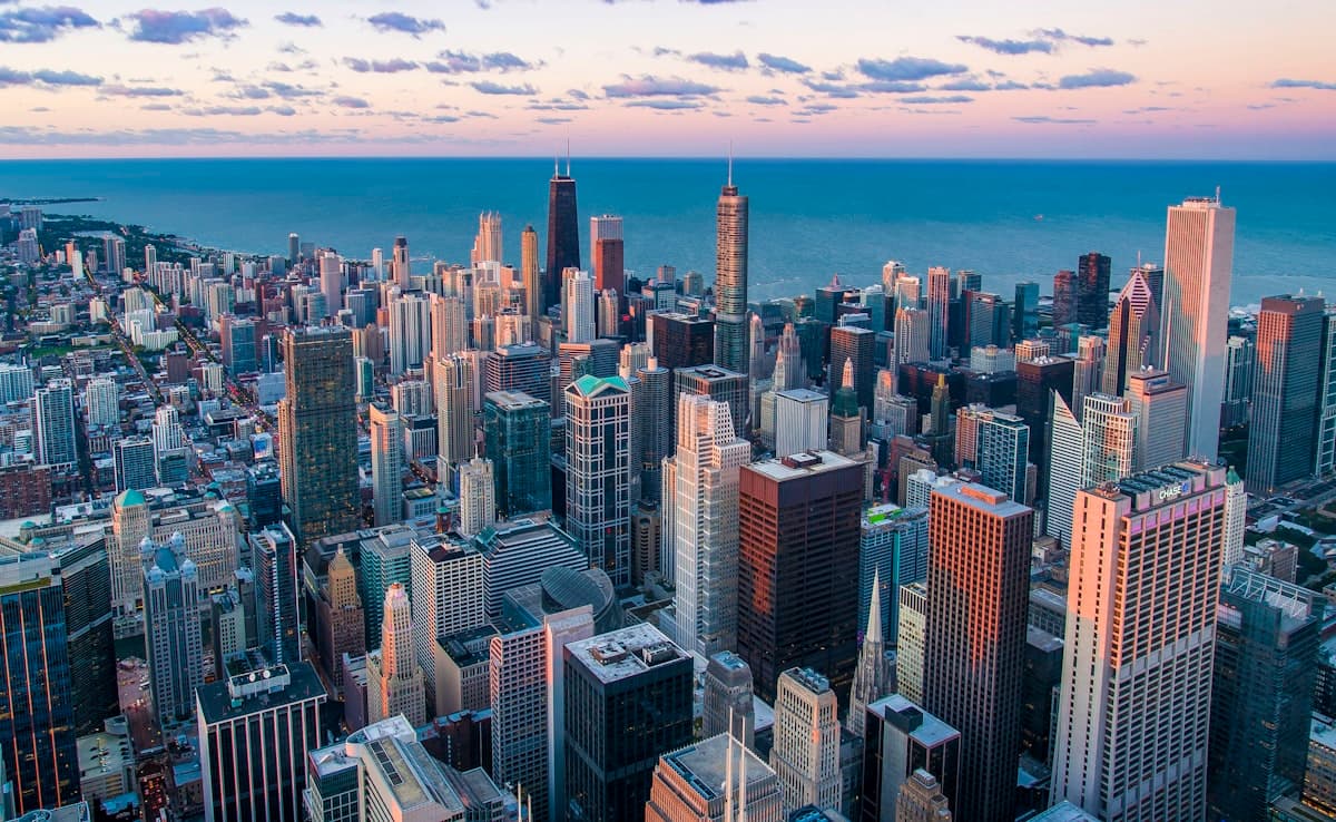 Aerial view of Chicago skyline and buildings with Lake Michigan