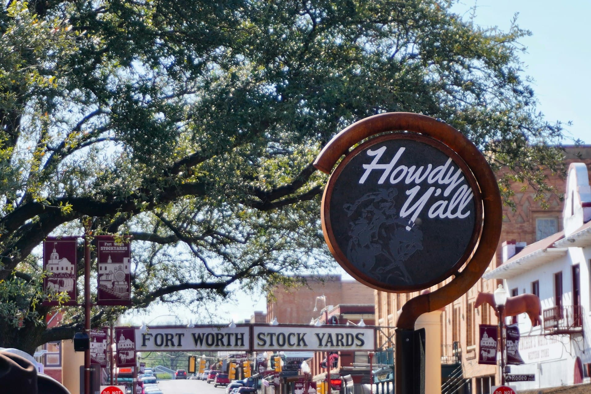 Fort Worth Stockyards historic district with Howdy Y'all sign