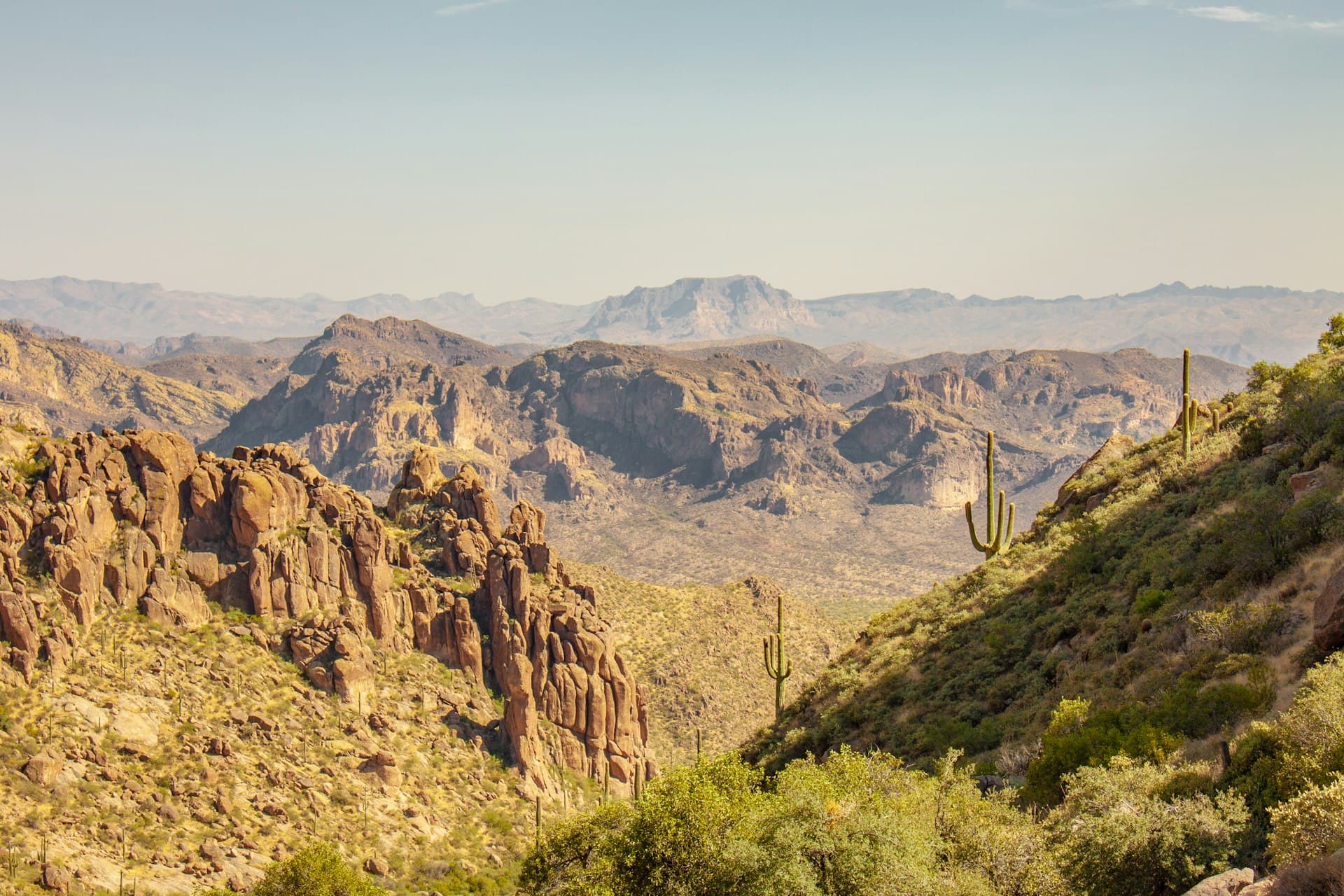 Superstition Mountains Arizona with saguaro cacti in desert wilderness