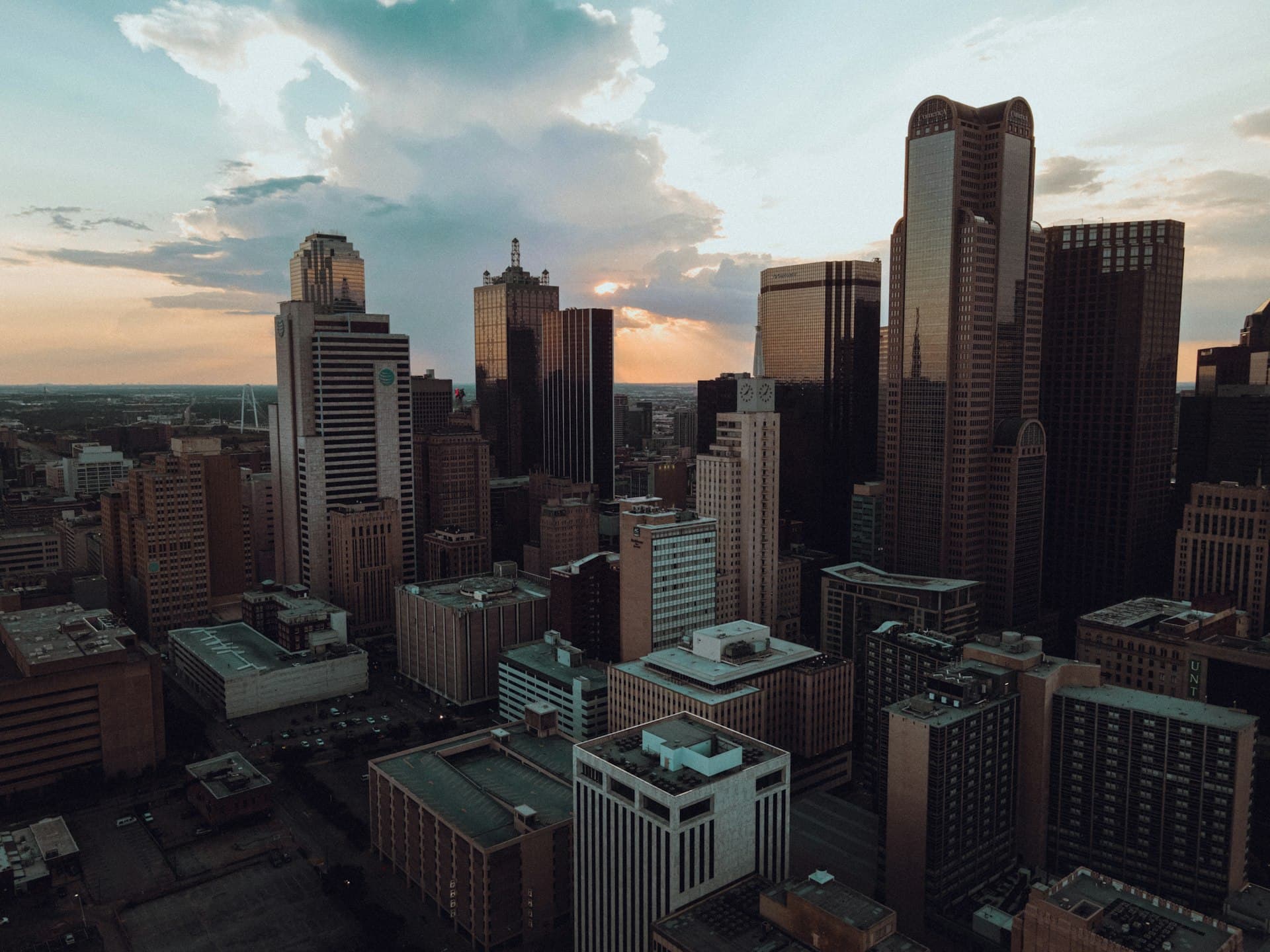 Aerial view of downtown Dallas skyline at sunset
