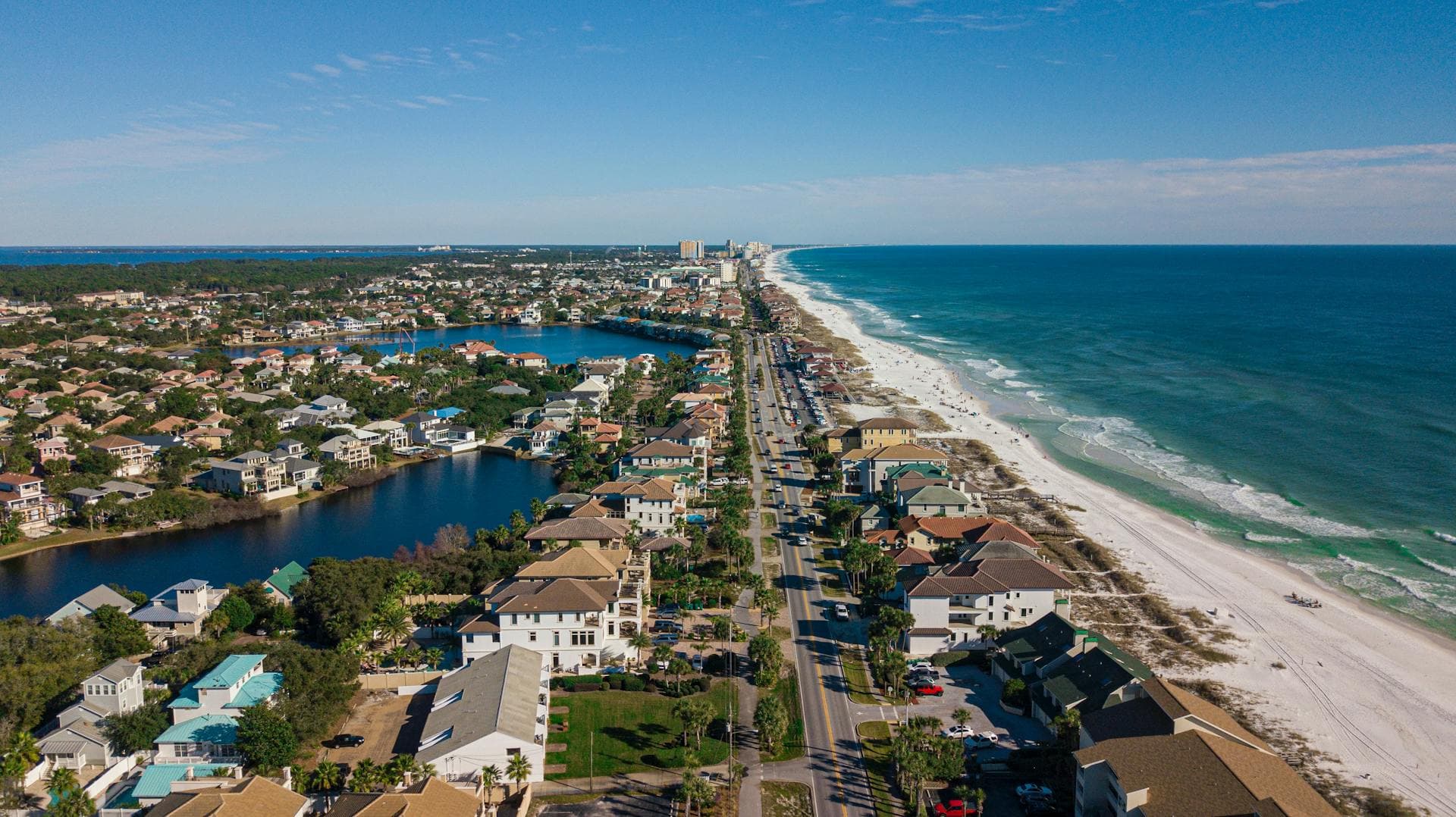 Aerial view of Florida coastal residential neighborhood with beachfront homes