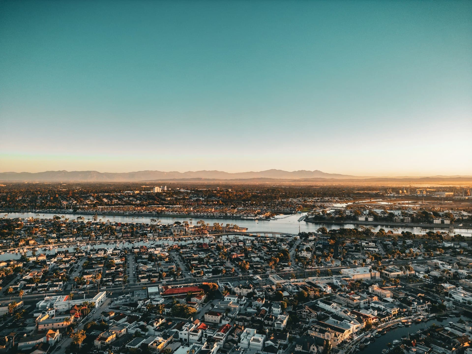 Aerial view of Long Beach California residential neighborhoods at sunset