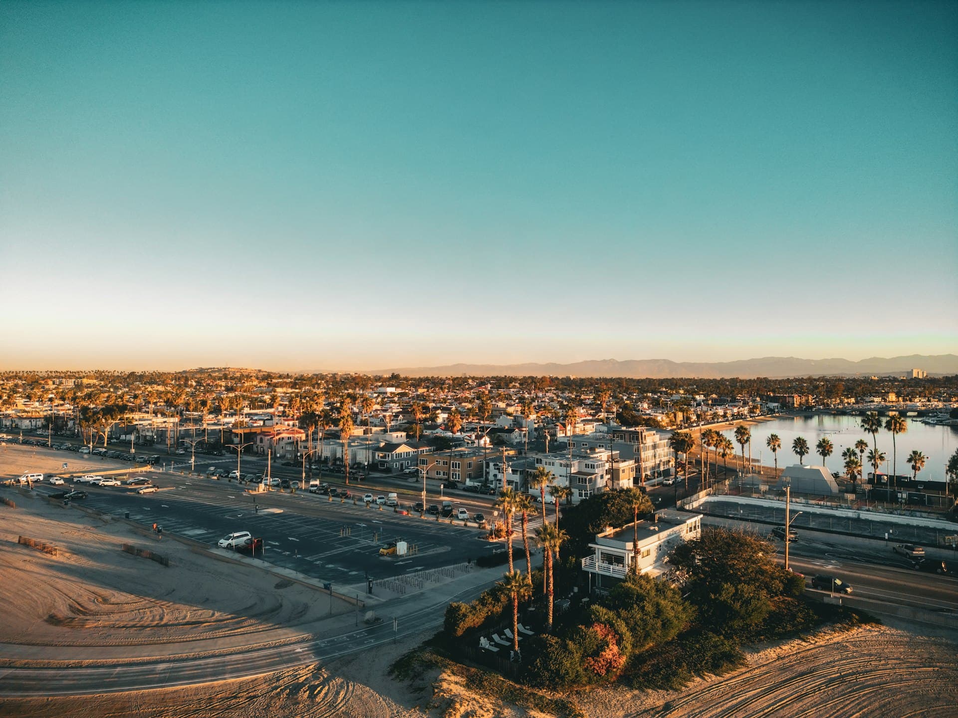Aerial view of Naples Island Long Beach with canals and waterfront homes