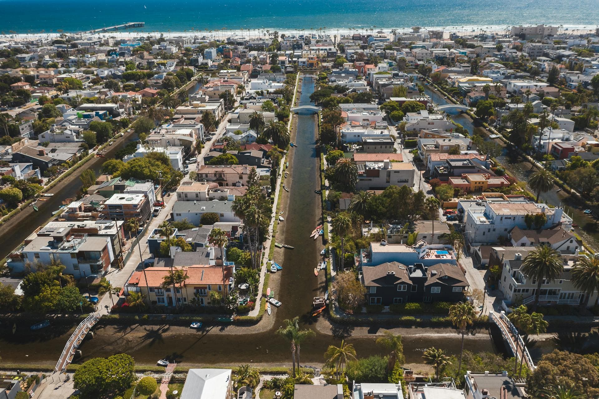 Aerial view of Venice Canals residential district in Los Angeles