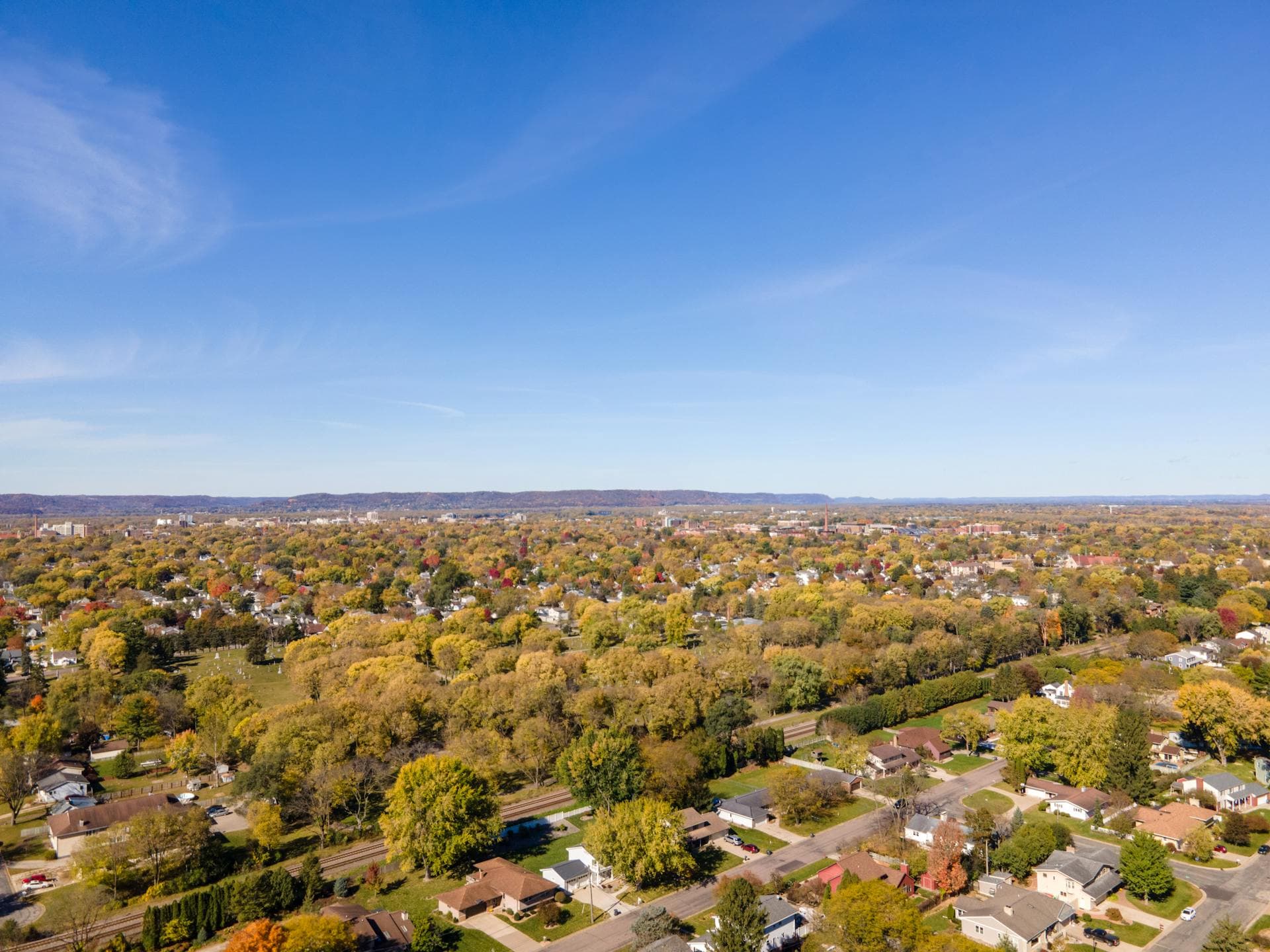 Aerial view of midwest suburban residential neighborhood with fall colors in Wisconsin
