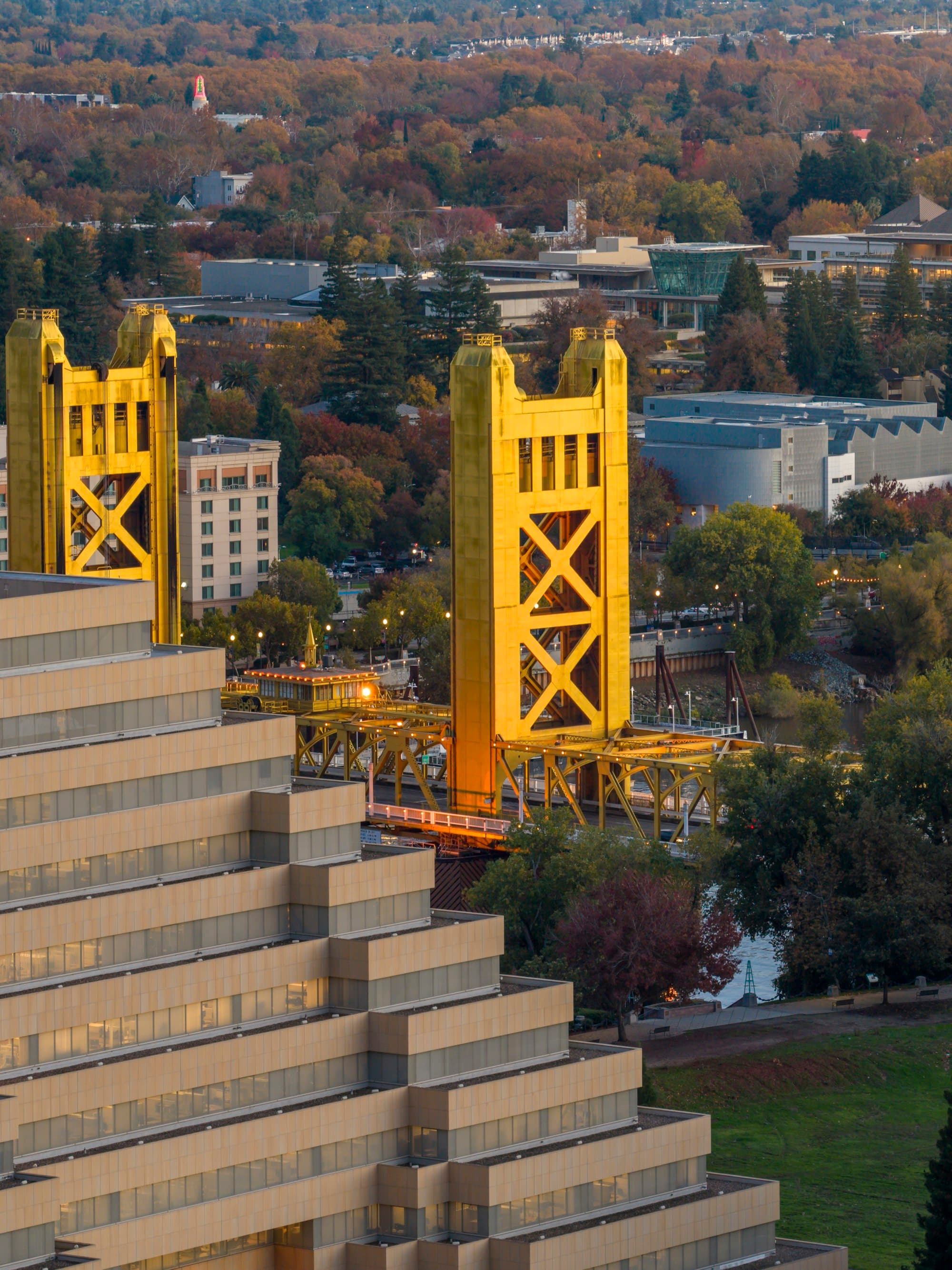 Tower Bridge iconic yellow towers in Sacramento California