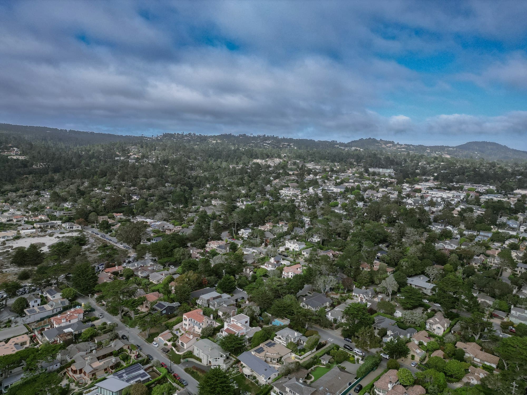 Aerial view of California suburban residential neighborhood