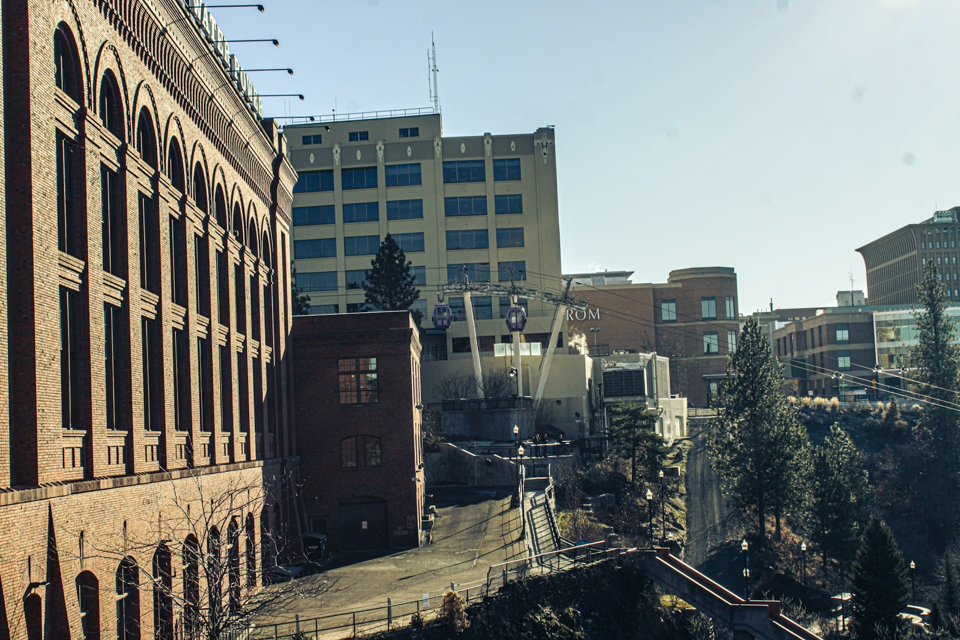 Spokane downtown buildings and urban streetscape with clear sky
