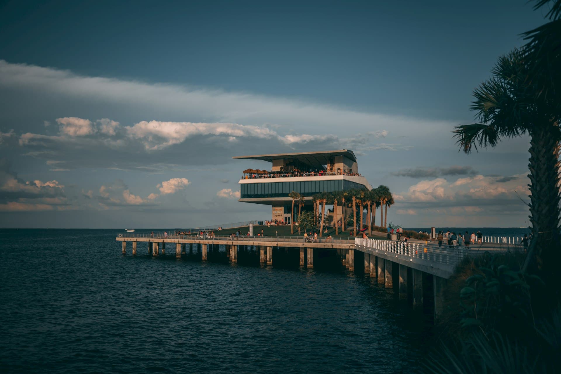The iconic St. Pete Pier extending over Tampa Bay with modern architectural design